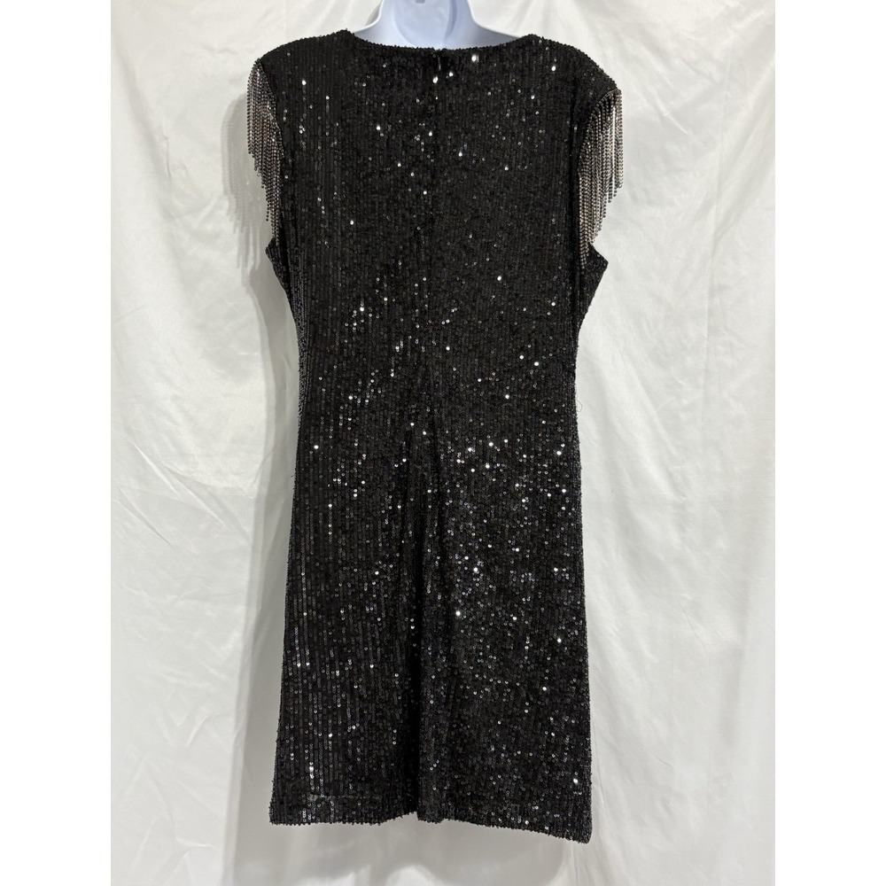Betsy Johnson Black Sequined Cocktail Mini Dress Women's Size XL Beaded Fringe - Picture 3 of 4